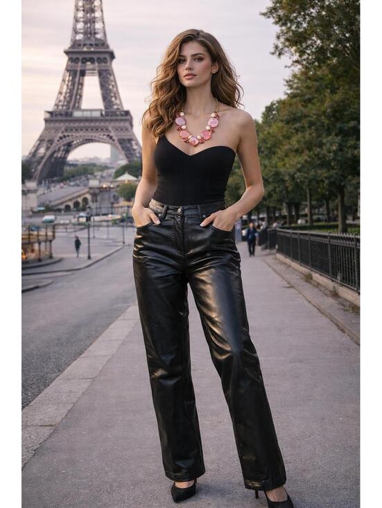 Pants - Vintage MIKAI Black Leather Pants High Waist Straight Leg 6